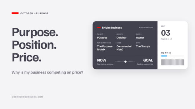 Boarding pass: Purpose. Position. Price. Why is my business competing on price? From competing on price to bidding on purpose.