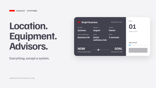 Boarding pass: Location. Equipment. Advisors. Everything, except a system. From close to bankruptcy to a business to sell.